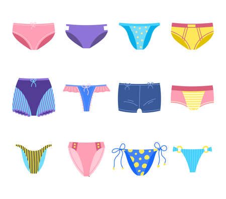 Cartoon Color Different Underwear Icon Set Female and Male Panties Concept Flat Design Style. Vector illustration of Iconsのイラスト素材