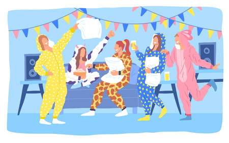 Cartoon Color Characters People and Kigurumi Pajama Party Concept Flat Design Style. Vector illustration of Funny Costumeのイラスト素材