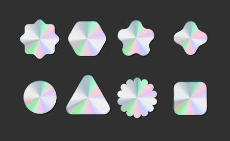 Holographic Stickers Labels Badges Signs Set Concept Include of Square and Round Shape. Vector illustration of Stickerのイラスト素材