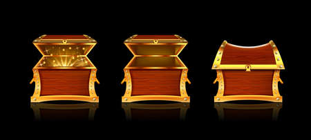 Realistic Detailed 3d Wooden Chest Open and Closed Set on a Black Symbol of Treasure. Vector illustrationのイラスト素材