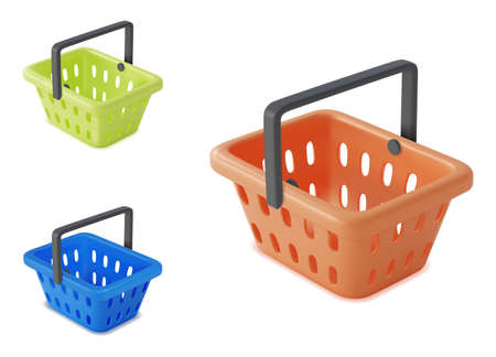 3d Different Colorful Shopping Basket Set Plasticine Cartoon Style. Vector illustration of Baskets for Retail Supermarketのイラスト素材