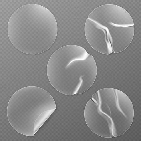 Realistic Detailed 3d Different Transparent Round Adhesive Stickers Set on Background. Vector illustration of Circle Sticky Labelのイラスト素材