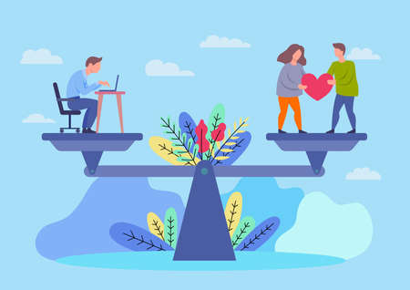 Cartoon Color Characters People Work and Life Balance Concept Flat Design Style Scale Weight...