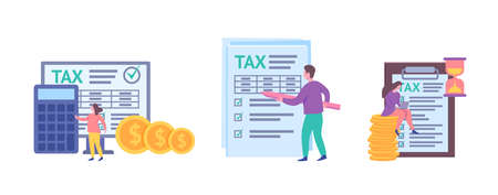 Cartoon Color Characters People and Taxes and Fees Paying Concept Flat Design Style. Vector illustration of Taxation Financial Documentsのイラスト素材