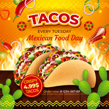 Realistic Detailed 3d Tacos Mexican Food Day Ads Banner Concept Poster Card with Cactus. Vector illustrationのイラスト素材