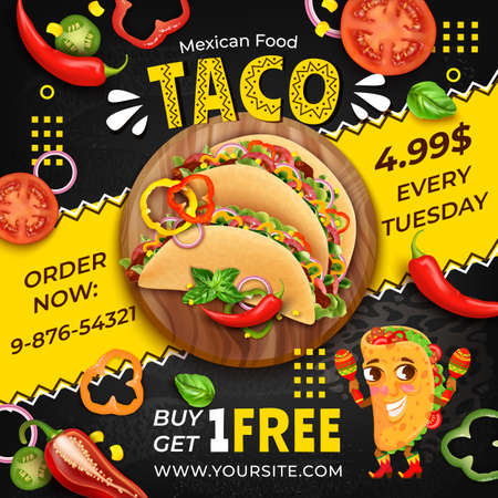 Realistic Detailed 3d Tacos Mexican Food Ads Banner Concept Poster Card with Taco Mascot. Vector illustrationのイラスト素材