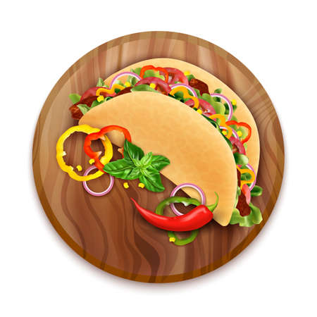 Realistic Detailed 3d Taco Mexican Food with Sliced Peppers on a Round Wooden Board Top View. Vector illustrationのイラスト素材