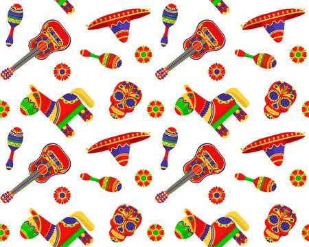 Cartoon Color Mexican Fiesta Seamless Pattern Background on a White Include of Sombrero, Maraca and Guitar. Vector illustrationのイラスト素材