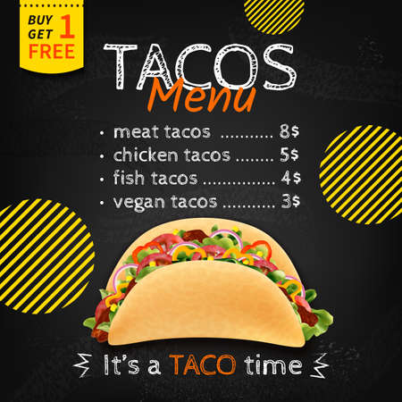 Realistic Detailed 3d Tacos Mexican Food Menu on a Black Banner Concept Poster Card. Vector illustration of Meat, Chicken, Fish and Vegan Tacoのイラスト素材