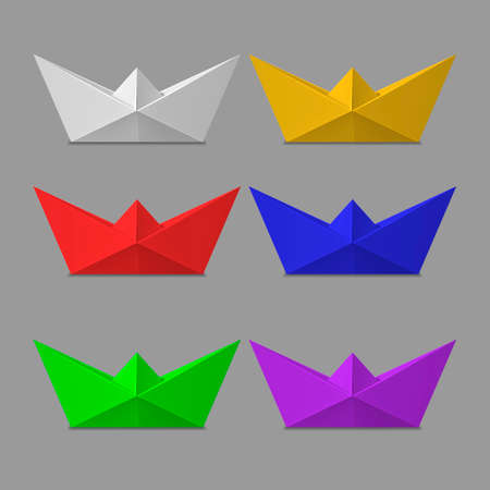 Realistic Detailed 3d Different Color Folded Paper Boat Set. Vector illustration of Simple Origami Ship Toyのイラスト素材