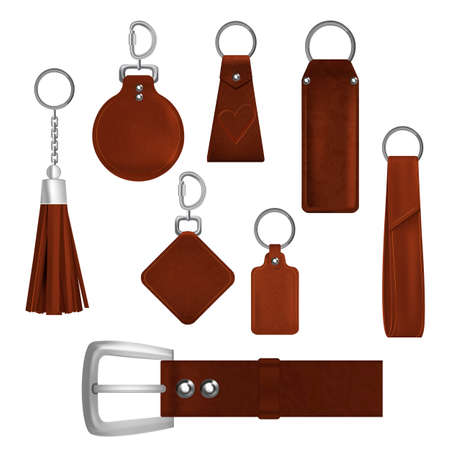 Realistic Detailed 3d Different Decorative Pendant Leather Tassels Set Belt, Metal Buckle and Carbines. Vector illustrationのイラスト素材