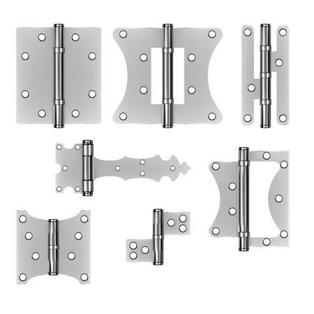 Realistic Detailed 3d Different Shapes Steel Door Hinges Set Isolated on White Background. Vector illustration of Metallic Mortise Equipment Hingeのイラスト素材
