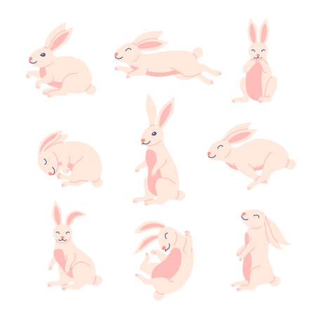 Cartoon Color Character Moon Rabbit Set Flat Design Style. Vector illustration of Traditional Asian Mascot Mid Autumn Festivalのイラスト素材