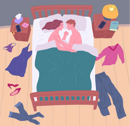 Cartoon Color Characters Romantic Couple in Bed Romantic Relationship Concept Flat Design Style Top View. Vector illustrationのイラスト素材