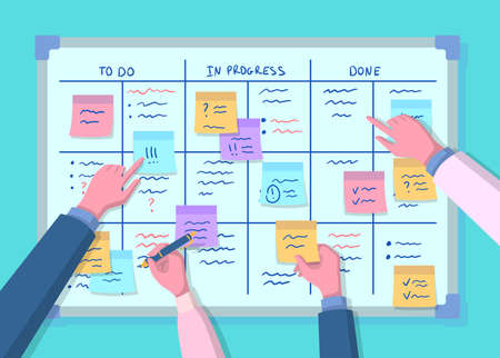 Cartoon Color Planning Board Concept Flat Design Style. Vector illustration of Whiteboard with Table...
