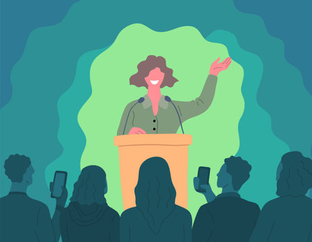 Cartoon Color Character Woman Confident Speaker Conference Concept Flat Design Style. Vector illustration of Professional Businesswoman and Podiumのイラスト素材