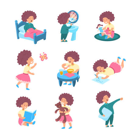 Cartoon Color Character Cute Little Kid Concept Flat Design Style. Vector illustration of Daily Routine Girlのイラスト素材
