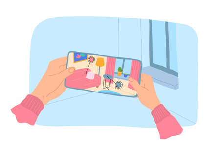 Cartoon Color Ar Application Furniture Smartphone Concept Flat Design Style. Vector illustration of Human Hand Holding Mobile Phone with Appのイラスト素材