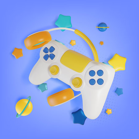 3d Computer Game and Gamepad Concept Cartoon Style with Headphones and Color Decor Elements. Vector...