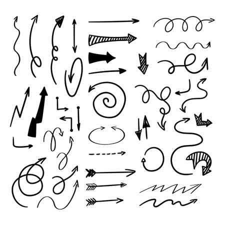 Drawn Arrow Sign Black Thin Line Icon Set Symbol of Direction. Vector illustration of Arrows Signsのイラスト素材