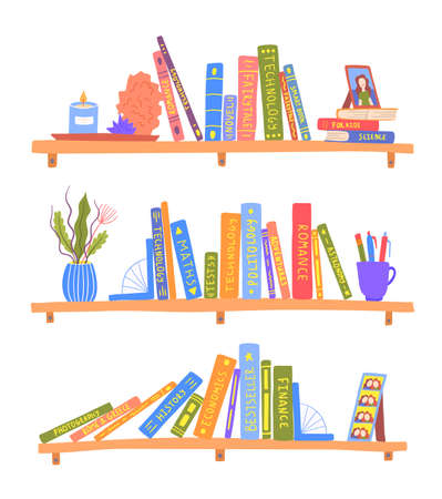 Cartoon Color Bookshelves with Books Set Elements of Inside Interior Concept Flat Design Style. Vector illustrationのイラスト素材