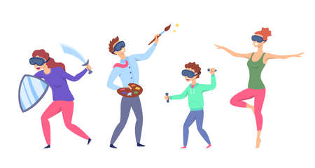 Cartoon Color Characters People and Metaverse VR Glasses Digital Technology Goggle Concept Flat Design Style. . Vector illustrationのイラスト素材
