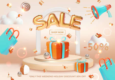 Sale Weekend Holiday Discount Ads Banner Concept Poster Card with Podium Scene Plasticine Cartoon Style. Vector illustrationのイラスト素材