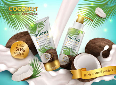Realistic Detailed 3d Coconut Natural Cosmetics Ads Banner Concept Poster Card. Vector illustration of Cosmetic Productのイラスト素材