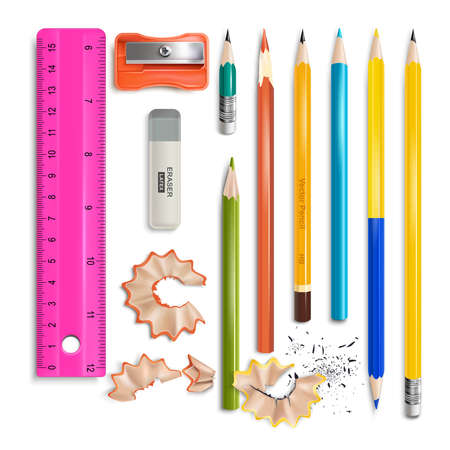 Realistic Detailed 3d Different Color and Size Wooden Pencils Set. Vector illustration of Stationery Tools Pencil with Eraserのイラスト素材
