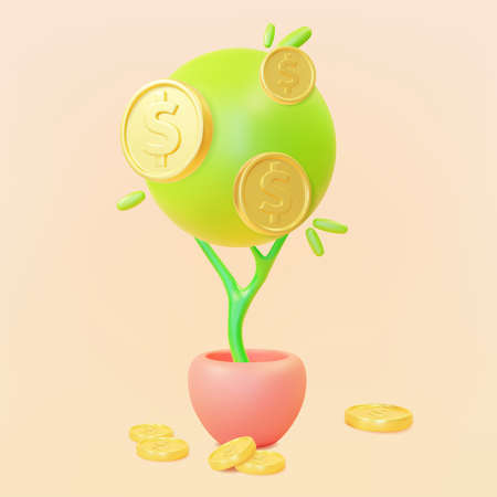 3d Money Investment Tree with Golden Coins Plasticine Cartoon Style Symbol of Business Success and Growth Finance. Vector illustrationのイラスト素材