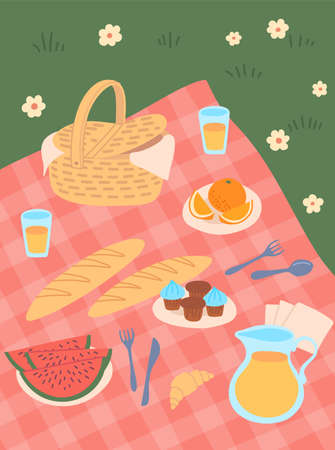 Cartoon Color Summer Picnic Scene Concept Poster Card Flat Design Style. Vector illustration of Weekend Recreationのイラスト素材