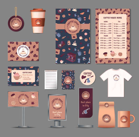 Cartoon Color Coffee Branding Identity Set Include of Cup, Bag, Card, Tshirt and Menu. Vector illustrationのイラスト素材