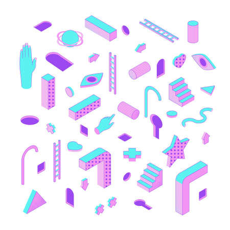 Color Trendy Surreal Elements Icons Set Include of Stairs and Hand. Vector illustration of Abstract...