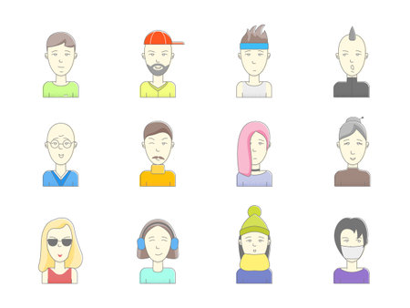 Cartoon Color Various Avatars Icons Set Flat Design Style. Vector illustration of Avatar Portrait Person Iconのイラスト素材