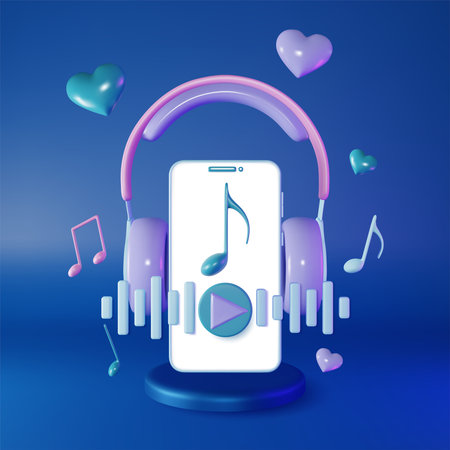 3d Headphones and Smartphone Plasticine Cartoon Style. Vector illustration of Mobile Phone and Earphones for Music Streaming Serviceのイラスト素材