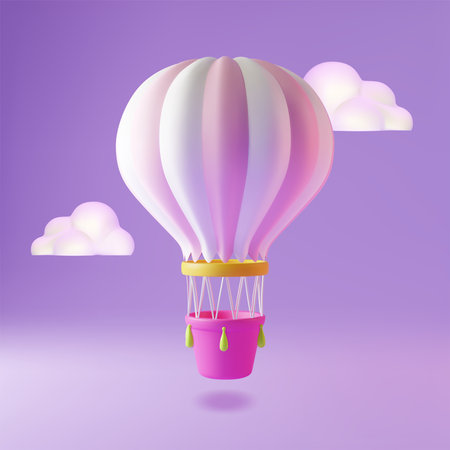 3d Hot Air Balloon Flying between Clouds in The Sky Plasticine Cartoon Style Travel Concept. Vector illustrationのイラスト素材