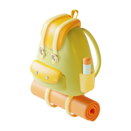 3d Travel Backpack Camping Concept Plasticine Cartoon Style Isolated on a White Background . Vector illustration of Rucksack with Sleeping Matのイラスト素材