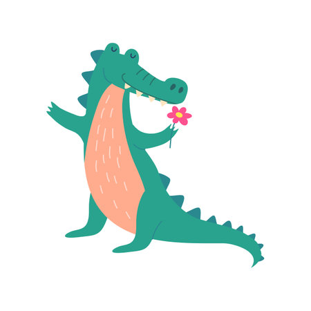 Cartoon Color Character Mascot Cute Crocodile Sniffing a Red Beautiful Flower Flat Design Style . Vector illustrationのイラスト素材
