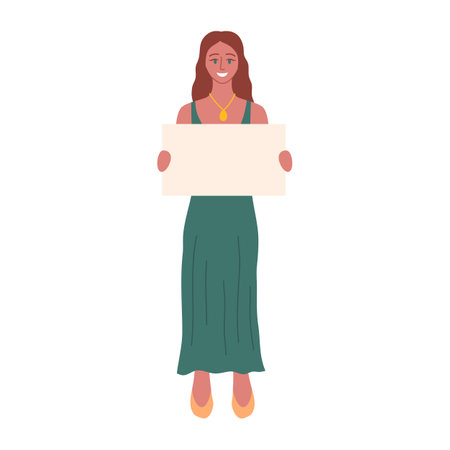 Cartoon Color Character Woman Holding Empty Banner or Placard for Message Flat Design Style. Vector illustrationのイラスト素材