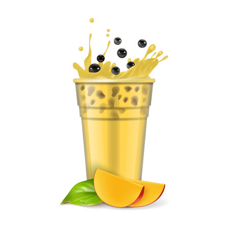 Realistic Detailed 3d Bubble Milk Tea with Sweet Ripe Mango Slice and Splashing Boba Drink. Vector illustrationのイラスト素材