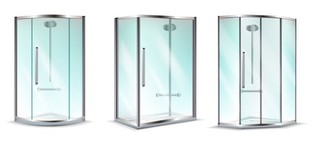Realistic Detailed 3d Shower Cabin Set Different Shape Bathroom Element Isolated on a White Background. Vector illustrationのイラスト素材