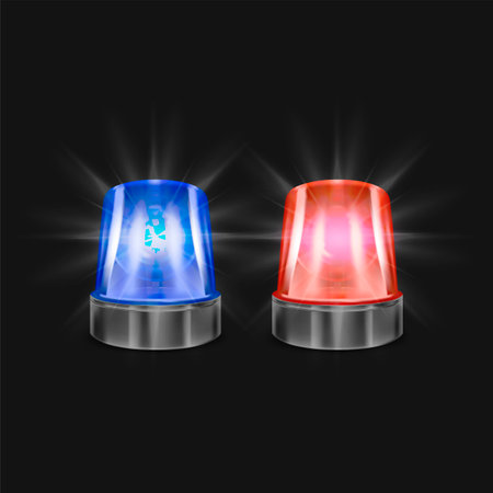 Realistic Detailed 3d Blue and Red Police Beacon Set on a Black. Vector illustration of Emergency Lightのイラスト素材