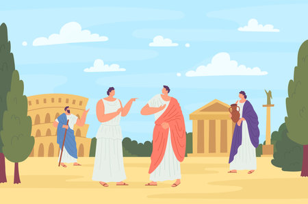 Cartoon Color Characters People and Ancient Roman Concept on a Historical Landscape Scene Flat Design Style. Vector illustrationのイラスト素材