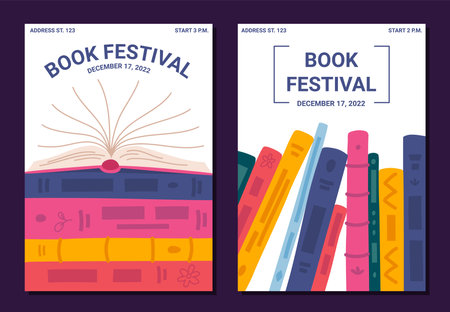 Cartoon Color Book Festival Concept Poster Card Invitation for Library or Bookstore Flat Design Style. Vector illustrationのイラスト素材