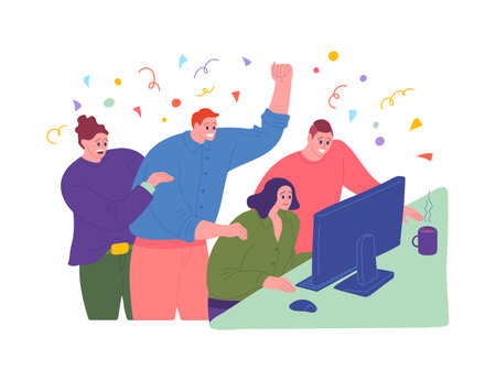Cartoon Color Characters People Happy Business Team Together Celebration Corporate Concept Flat Design Style. Vector illustrationのイラスト素材