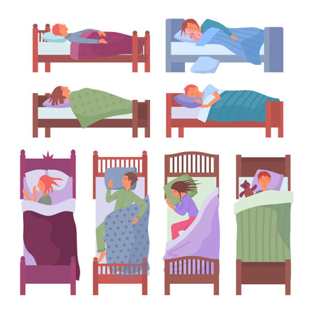 Cartoon Color Characters Kids Sleeping in Beds Set Top and Side View Flat Design Style. Vector illustrationのイラスト素材
