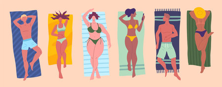 Cartoon Color Characters People and Sunbathing on The Beach Summer Vacation Concept Flat Design Style. Vector illustrationのイラスト素材