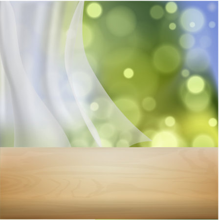 Realistic Detailed 3d Wooden Surface in Front of Blurry Window and Curtain Background for Ad. Vector illustrationのイラスト素材