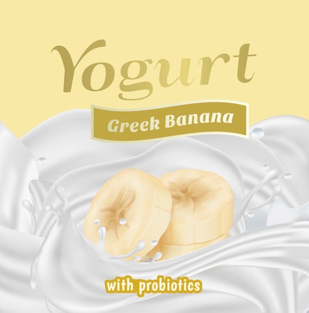 Greek Banana Yogurt with Probiotics Splash Label Badge Template. Vector illustration for Your Design, Packaging and Advertisingのイラスト素材