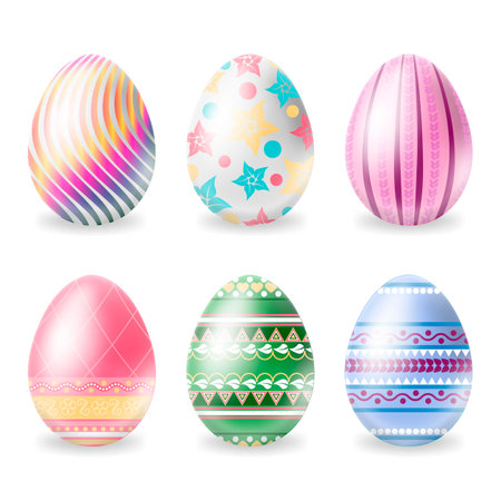Realistic Detailed 3d Easter Painted Egg Set Isolated on a White Background. Vector illustration of Decorated Eggのイラスト素材